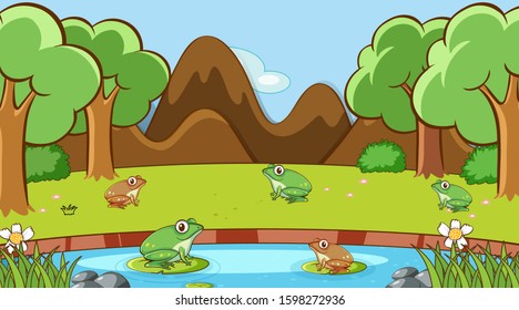 Scene With Many Frogs By The Pond Illustration