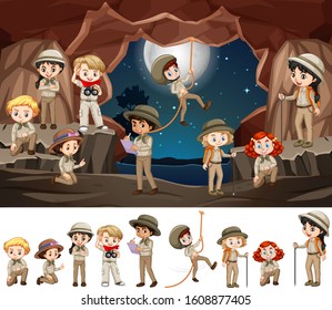 Scene with many kids in the cave illustration