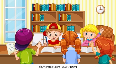 Scene with many kids doing homework at home illustration