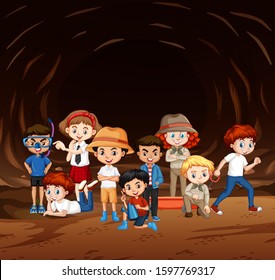 Scene with many kids exploring the cave illustration
