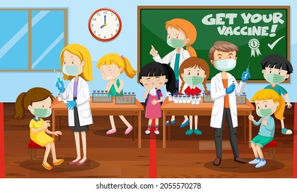 Scene with many kids get covid-19 vaccine and many doctors cartoon character illustration