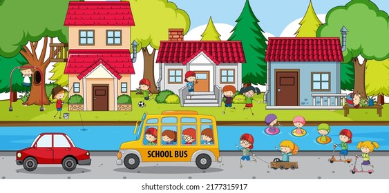 Scene with many kids on school bus illustration