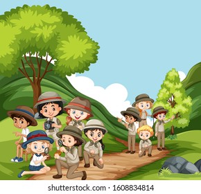 Scene with many kids in the park illustration