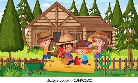 Scene with many kids planting flowers in the garden illustration