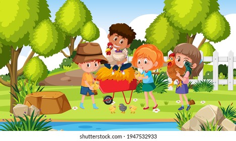 Scene with many kids playing with chicken in the garden at day time illustration