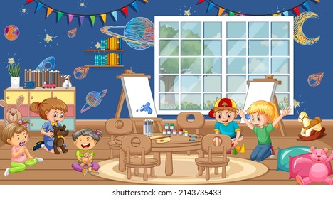 Scene with many kids playing in classroom illustration