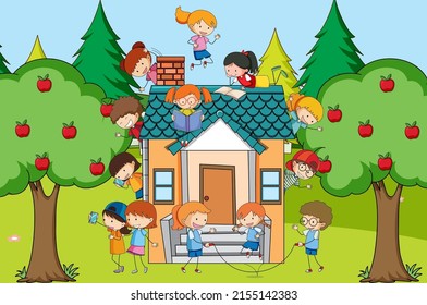 Scene with many kids playing at home illustration