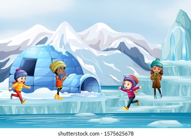 Scene with many kids playing on ice illustration