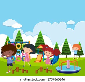 Scene with many kids playing in the park illustration