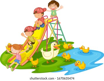 Scene with many kids playing slide in the playground illustration
