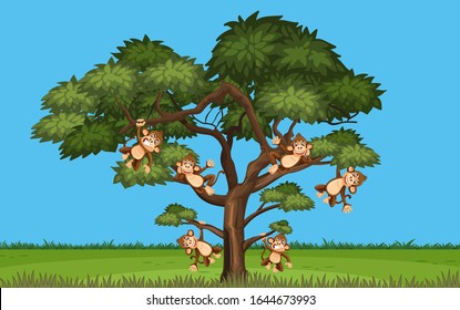 Scene with many monkeys hanging on the tree illustration