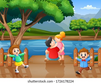 Scene with many people enjoying on riverside