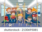 Scene with many people using public transportation illustration