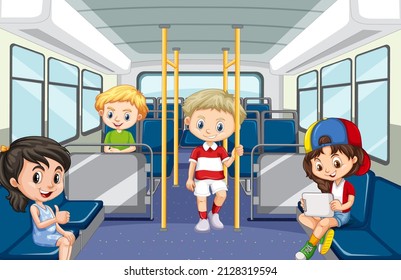 Scene with many people using public transportation illustration
