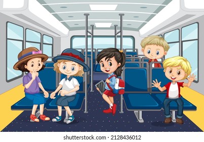 Scene with many people using public transportation illustration
