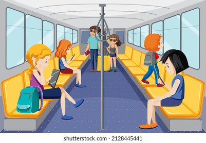 Scene with many people using public transportation illustration
