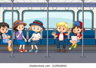 Scene with many people using public transportation illustration