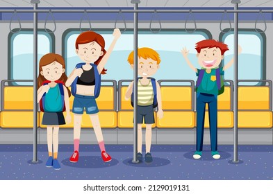 Scene with many people using public transportation illustration