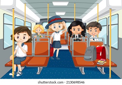 Scene with many people using public transportation illustration