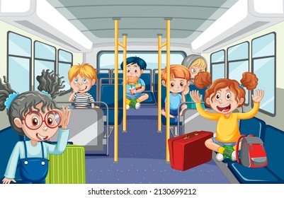 Scene with many people using public transportation illustration
