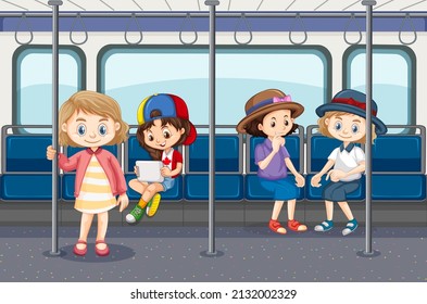 Scene with many people using public transportation illustration