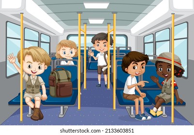 Scene with many people using public transportation illustration