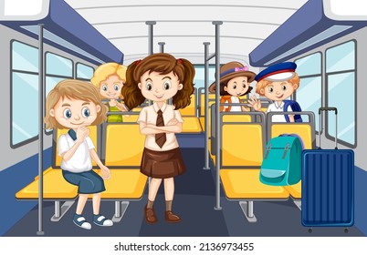 Scene with many people using public transportation illustration