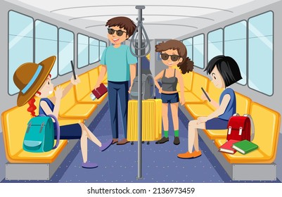 Scene with many people using public transportation illustration