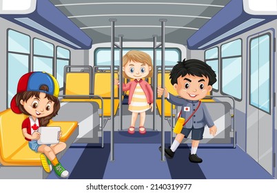 Escena con muchas personas usando la ilustración del transporte público