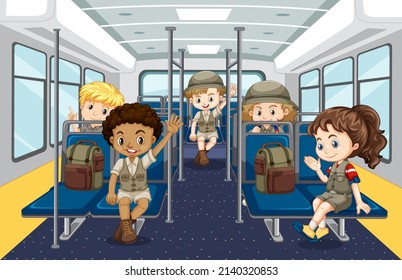 Scene with many people using public transportation illustration
