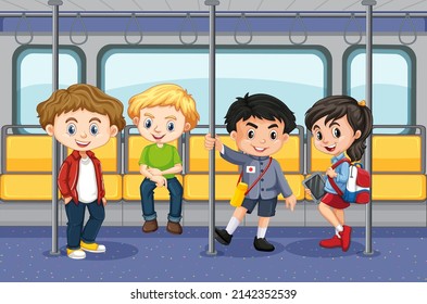 Scene with many people using public transportation illustration