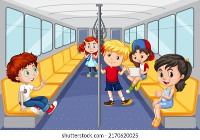 Scene with many people using public transportation illustration