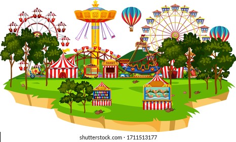 Scene with many rides in the circus park illustration