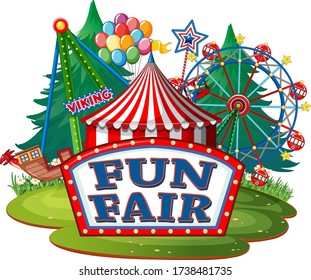 Scene with many rides at fun fair on white background illustration