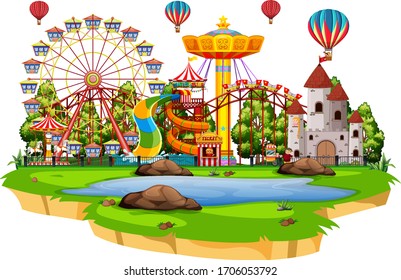 Scene with many rides in the funpark on white background illustration