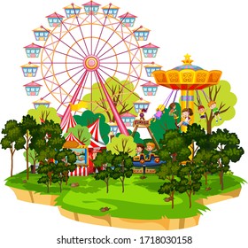 Scene with many rides in the funpark on white background illustration