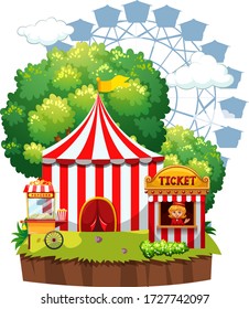 Scene with many rides in the funpark on white background illustration