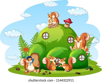 Scene with many squirrels in garden illustration