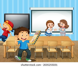 Escena con muchos estudiantes en la ilustración del aula