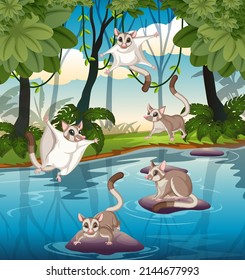 Scene with many sugar gliders in forest illustration
