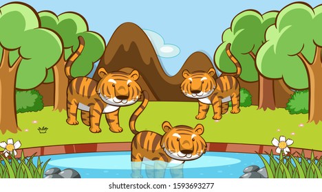 Scene with many tigers in forest illustration