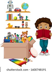 Scene with many toys on the shelf and boy reading book illustration