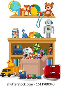 Scene with many toys on the shelf illustration