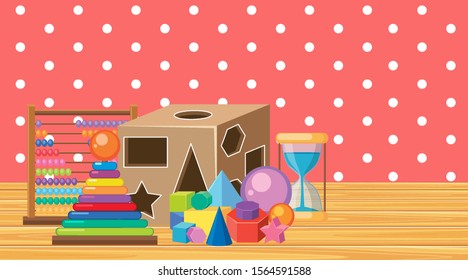 Scene with many toys on wooden floor illustration