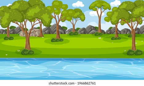 Scene with many trees in the forest along the river illustration