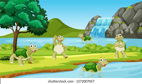 Scene with many turtles in the park illustration