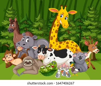 Scene with many wild animals in the big forest illustration