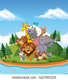 Scene with many wild animals by the river illustration