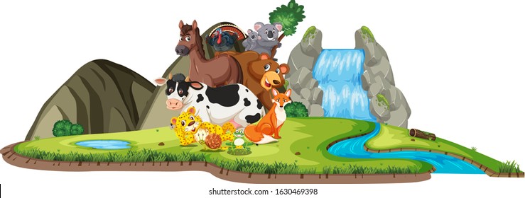 Scene with many wild animals by the waterfall illustration
