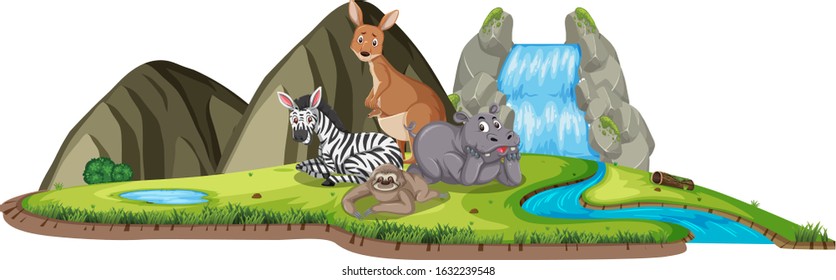 Scene with many wild animals by the waterfall at day time illustration